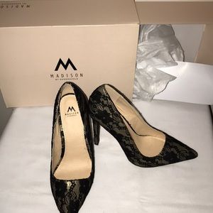 Madison Lace Black & Gold Heels